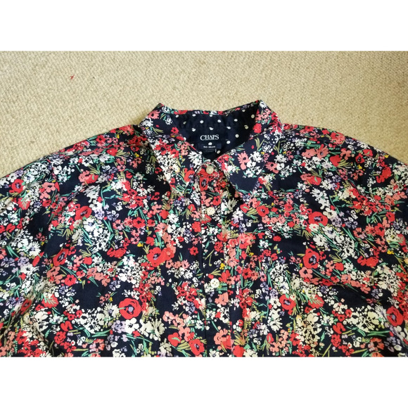 Womens Top-CHAPS-RALPH LAUREN-navy/pink floral "No Iron" button-up 3/4 slv-2X - Picture 2 of 4